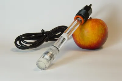 The Coltiva pH sensor probe, shown next to an apple for scale.